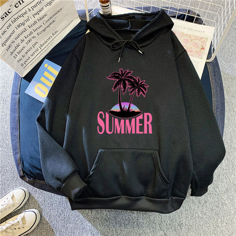Kvinnors hoodie med sommarmotiv och tropiskt palmtryck Mirla-Eva Jonsson