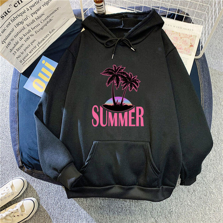 Kvinnors hoodie med sommarmotiv och tropiskt palmtryck Mirla-Eva Jonsson