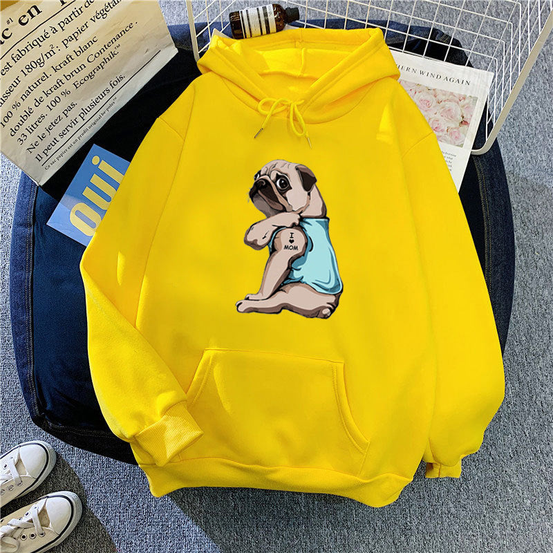 Kvinnors hoodie med sött mopsdesign Mirla-Eva Jonsson