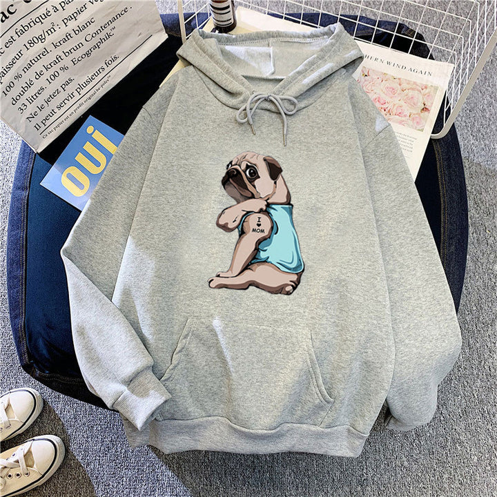 Kvinnors hoodie med sött mopsdesign Mirla-Eva Jonsson