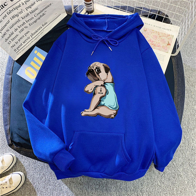 Kvinnors hoodie med sött mopsdesign Mirla-Eva Jonsson