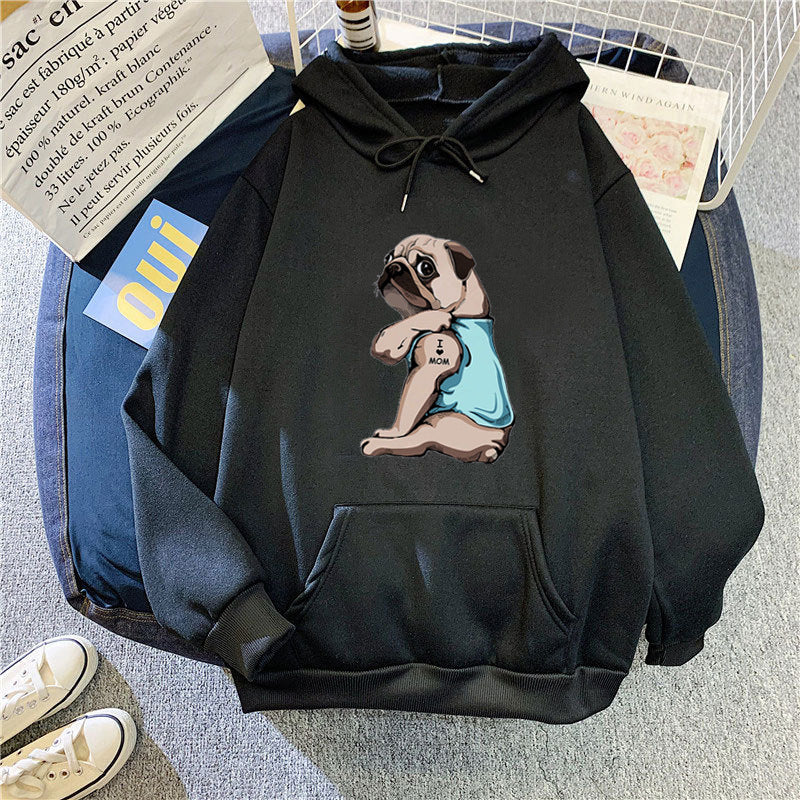 Kvinnors hoodie med sött mopsdesign Mirla-Eva Jonsson