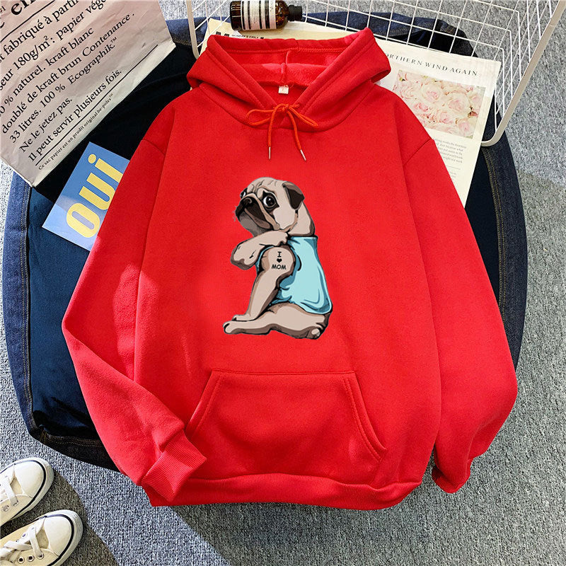 Kvinnors hoodie med sött mopsdesign Mirla-Eva Jonsson
