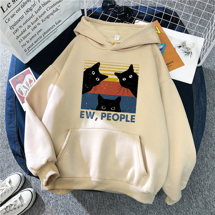 Kvinnors hoodie med stilfullt kattmotiv och inspirerande text Mirla-Eva Jonsson