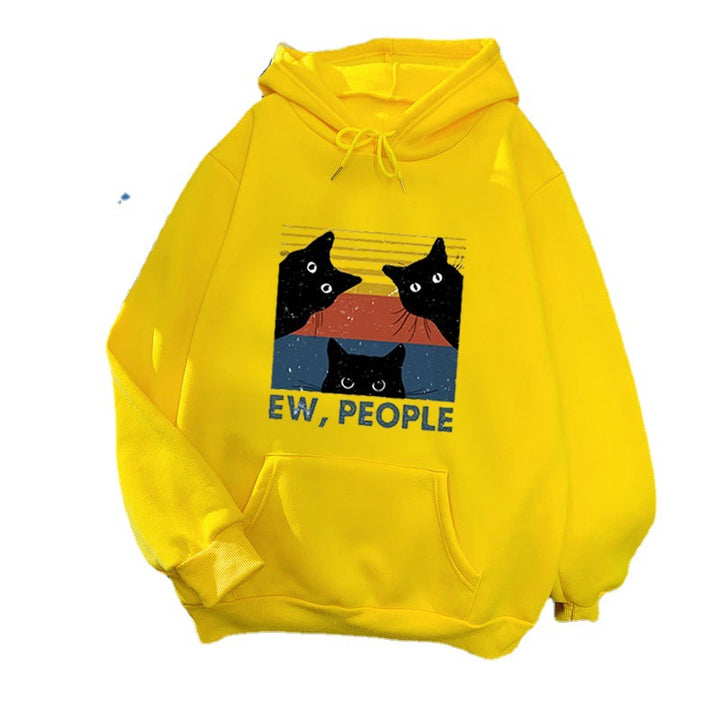 Kvinnors hoodie med stilfullt kattmotiv och inspirerande text Mirla-Eva Jonsson