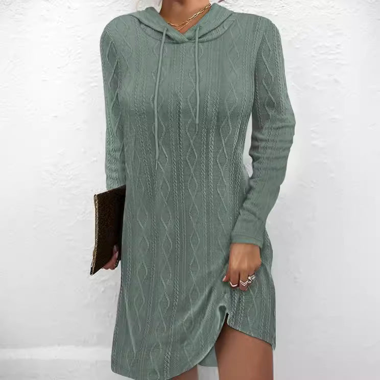 Kvinnors hoodieklänning med texturerat stickat mönster och sidficka Mirla-Eva Jonsson