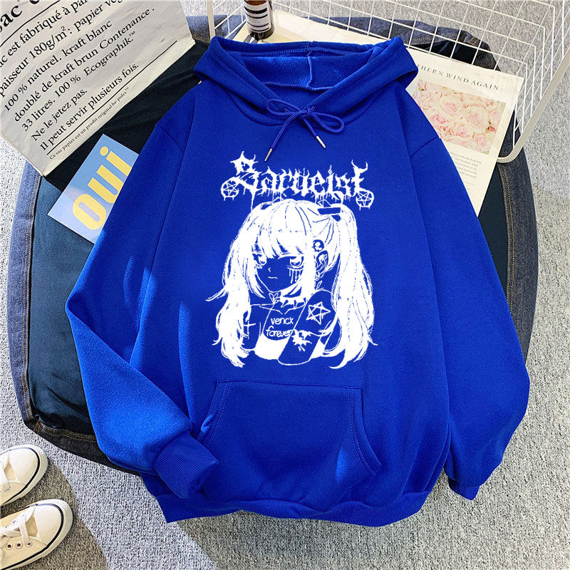 Kvinnors huva sweatshirt med unik konstnärlig grafisk design Mirla-Eva Jonsson
