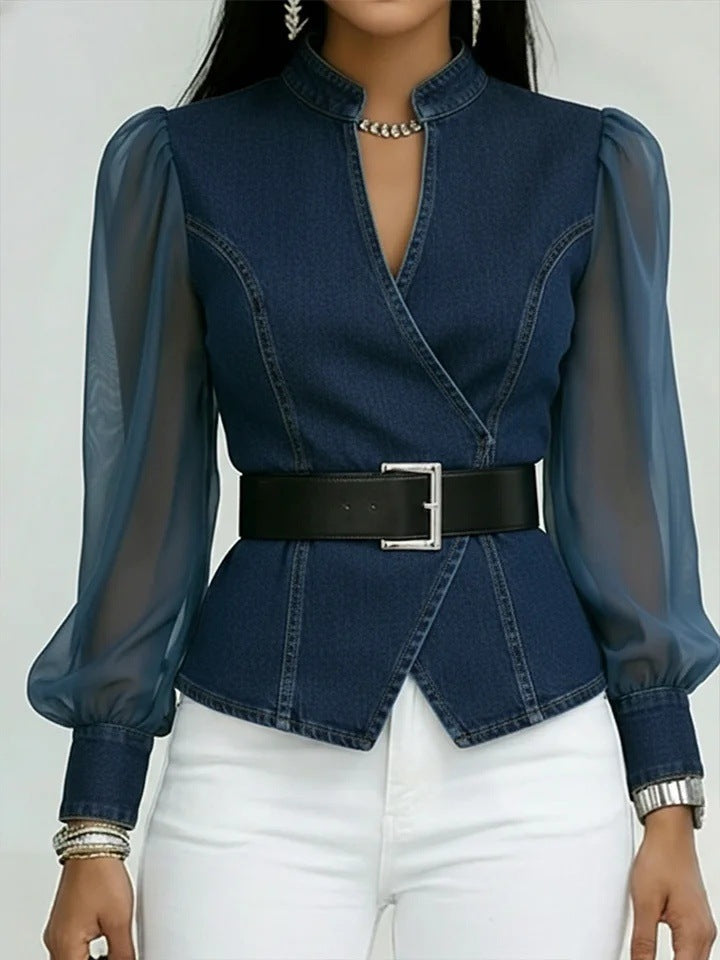 Kvinnors jeansblus med transparenta ärmar och skräddarsydd design Mirla-Eva Jonsson