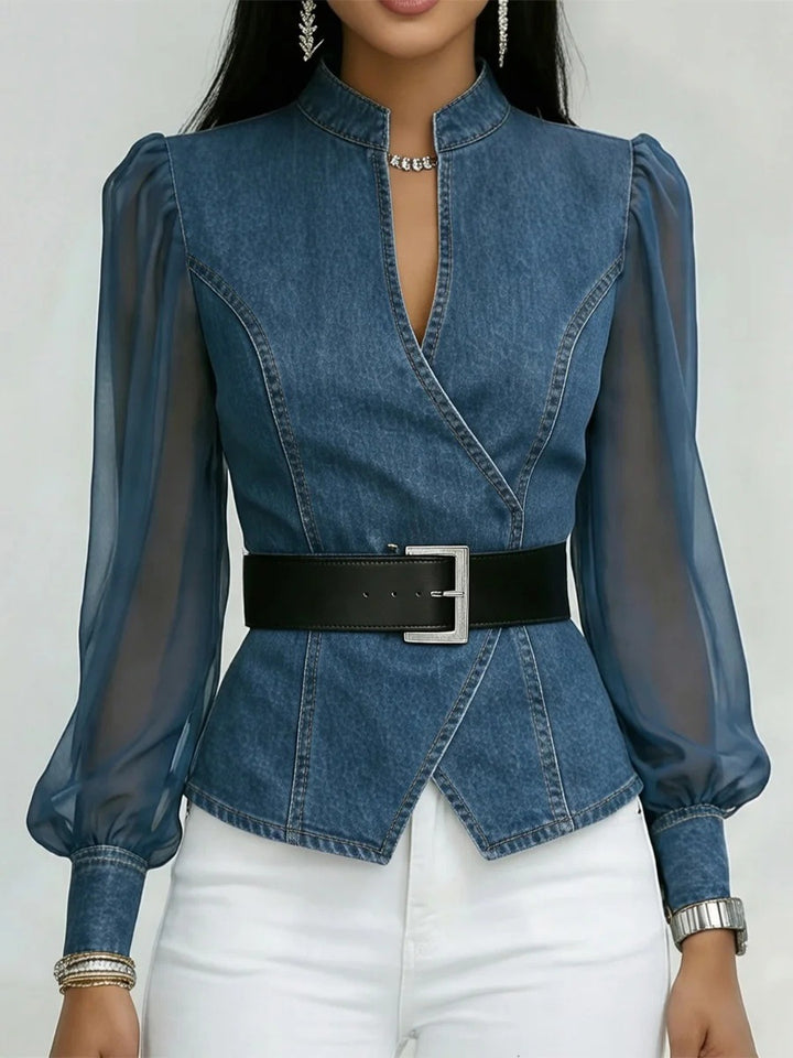 Kvinnors jeansblus med transparenta ärmar och skräddarsydd design Mirla-Eva Jonsson