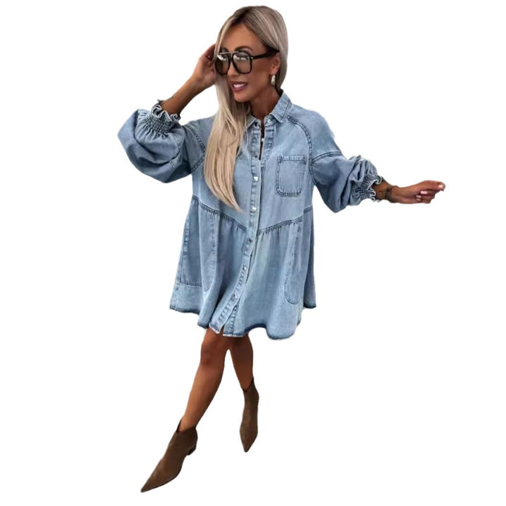Kvinnors jeansskjortklänning med voluminösa ärmar Mirla-Eva Jonsson