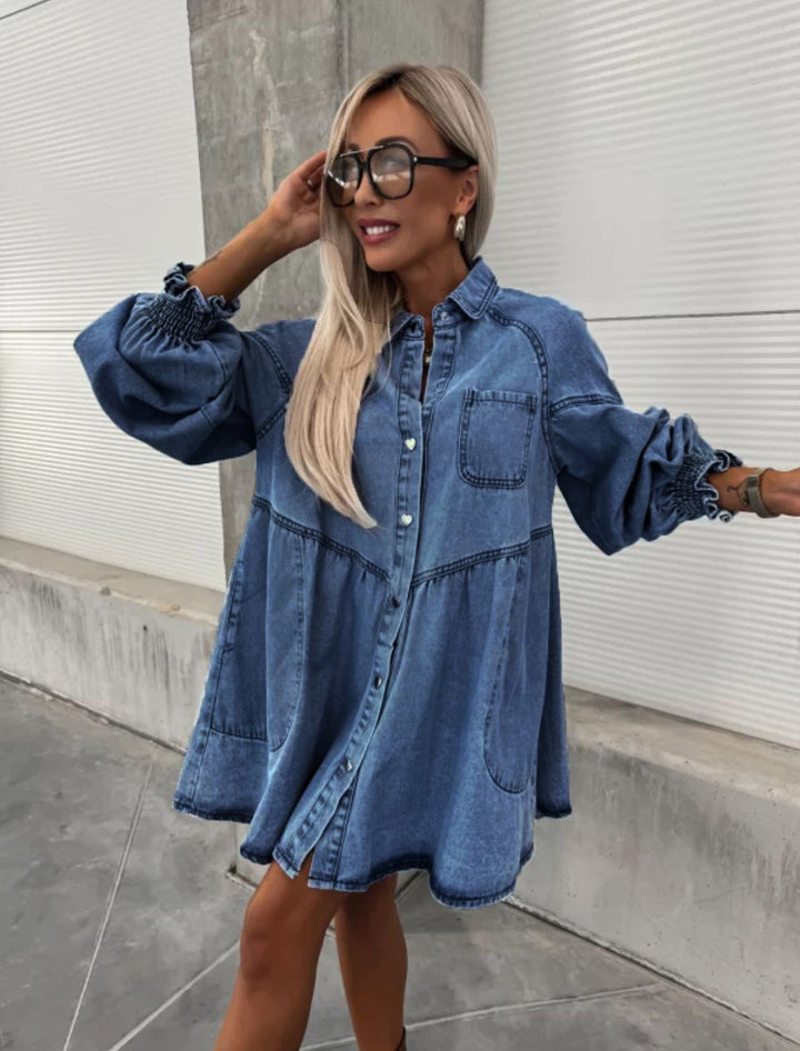 Kvinnors jeansskjortklänning med voluminösa ärmar Mirla-Eva Jonsson