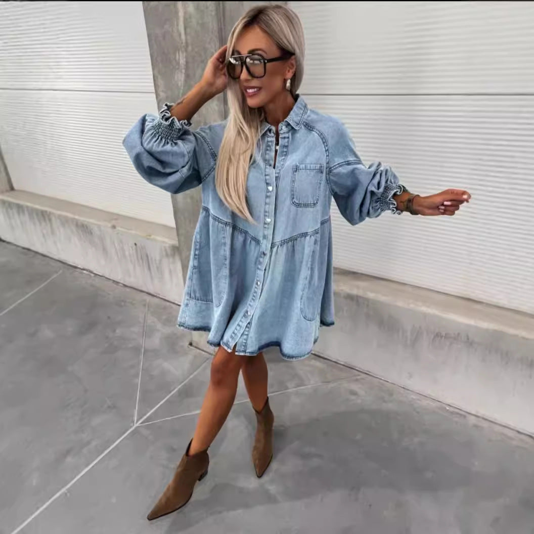 Kvinnors jeansskjortklänning med voluminösa ärmar Mirla-Eva Jonsson