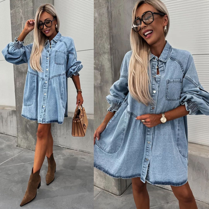 Kvinnors jeansskjortklänning med voluminösa ärmar Mirla-Eva Jonsson