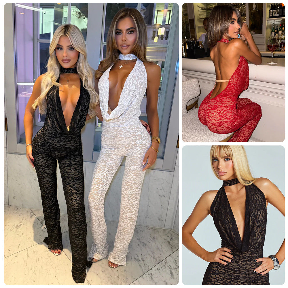 Kvinnors jumpsuit gjord av fin spets med djup V-hals och elegant bakdel-Eva Jonsson