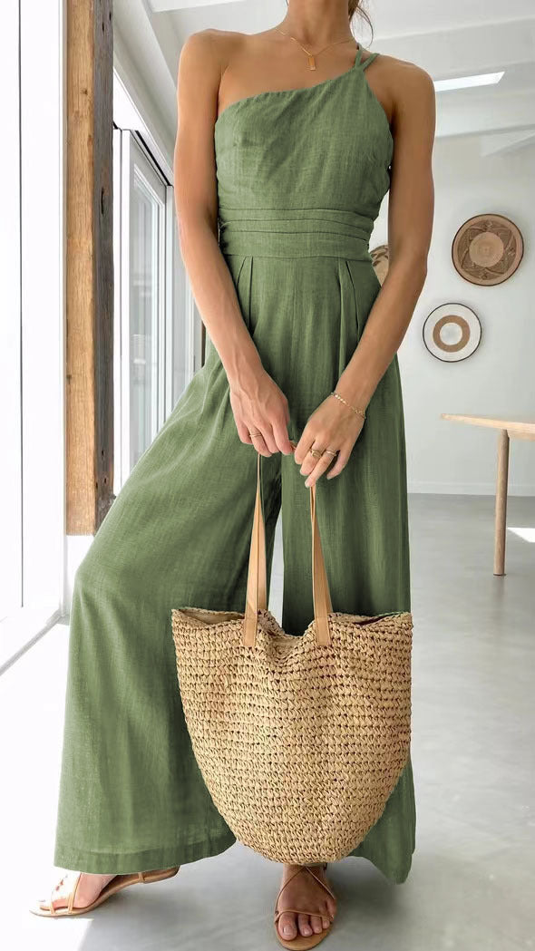 Kvinnors jumpsuit i modeinspirerat omslag med vida ben och avskuren axel-Eva Jonsson