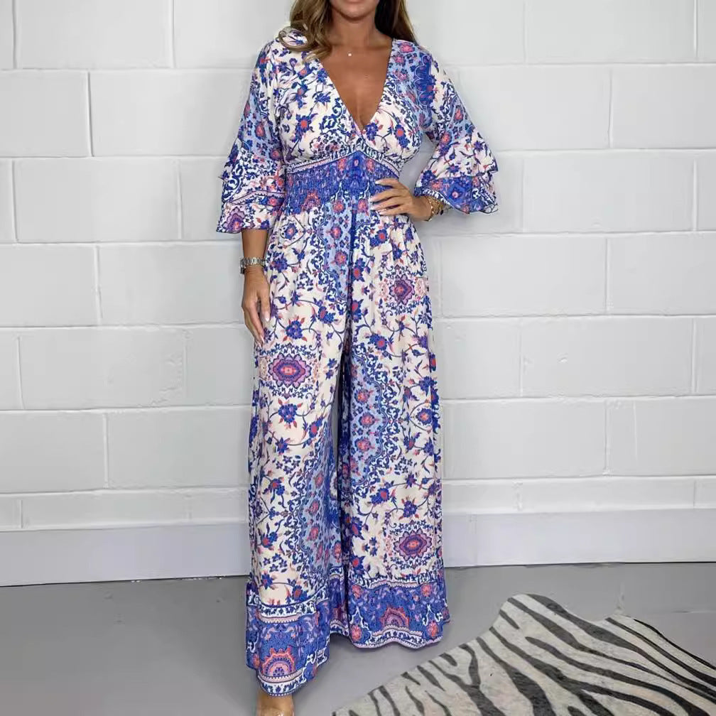 Kvinnors jumpsuit med blommönster och vida utställda ärmar Mirla-Eva Jonsson
