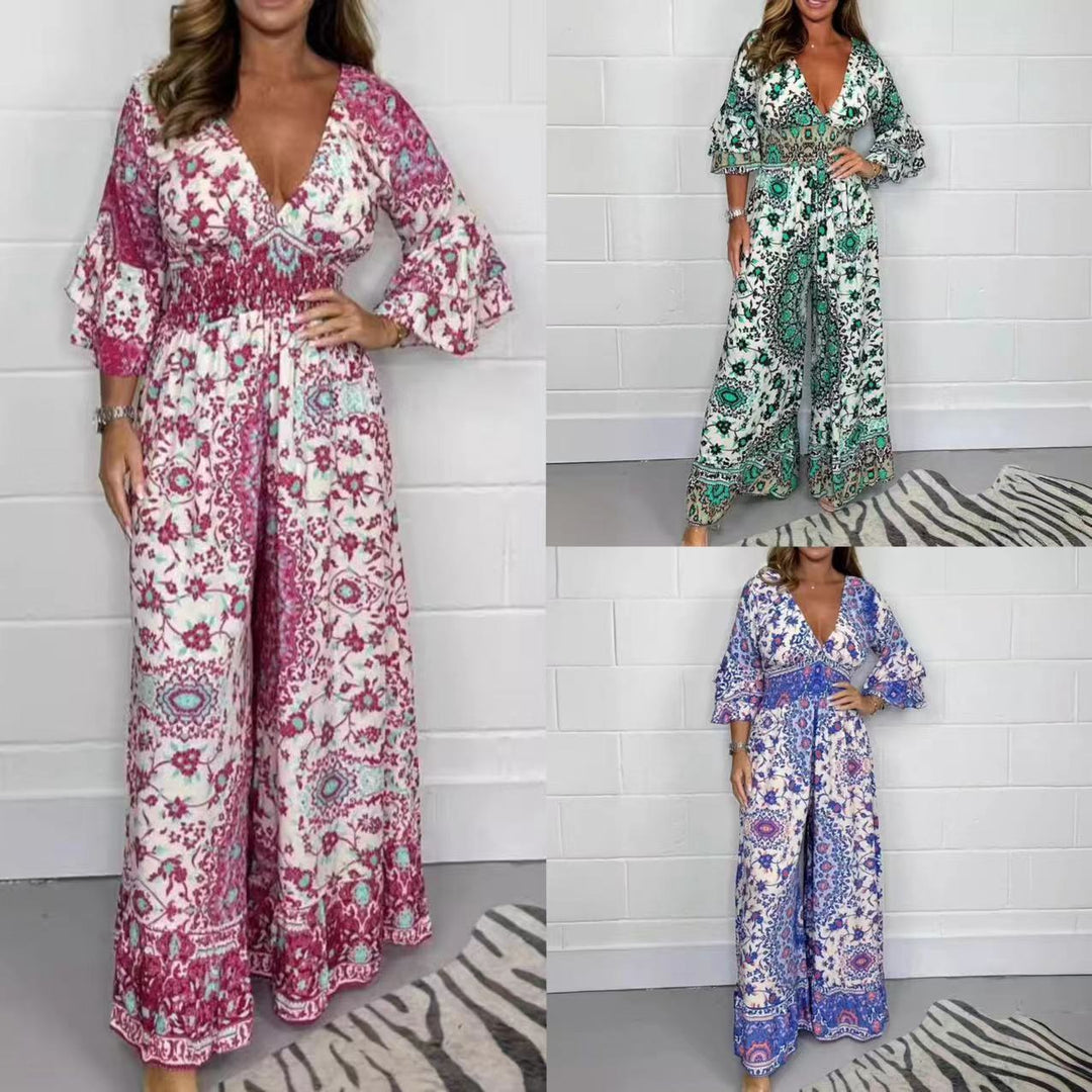 Kvinnors jumpsuit med blommönster och vida utställda ärmar Mirla-Eva Jonsson