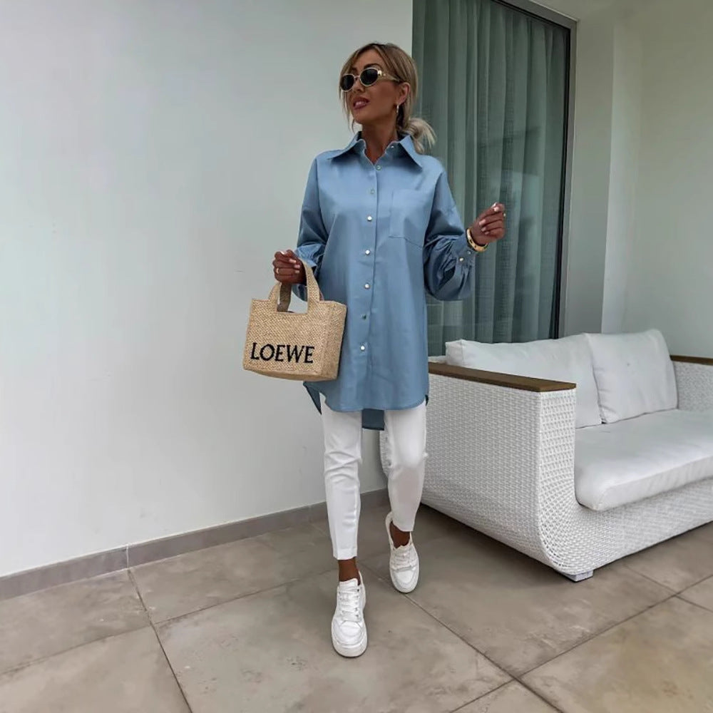 Kvinnors klassiska oversized blus med knappdetaljer och bröstficka Mirla-Eva Jonsson