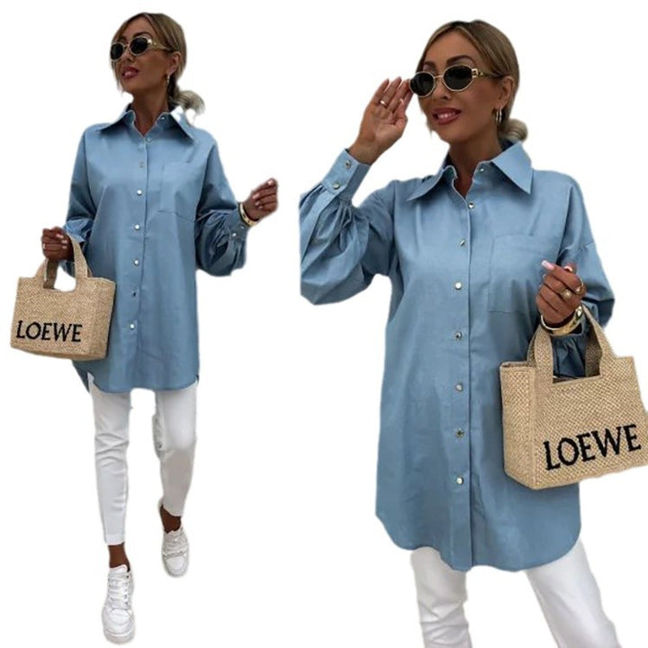 Kvinnors klassiska oversized blus med knappdetaljer och bröstficka Mirla-Eva Jonsson