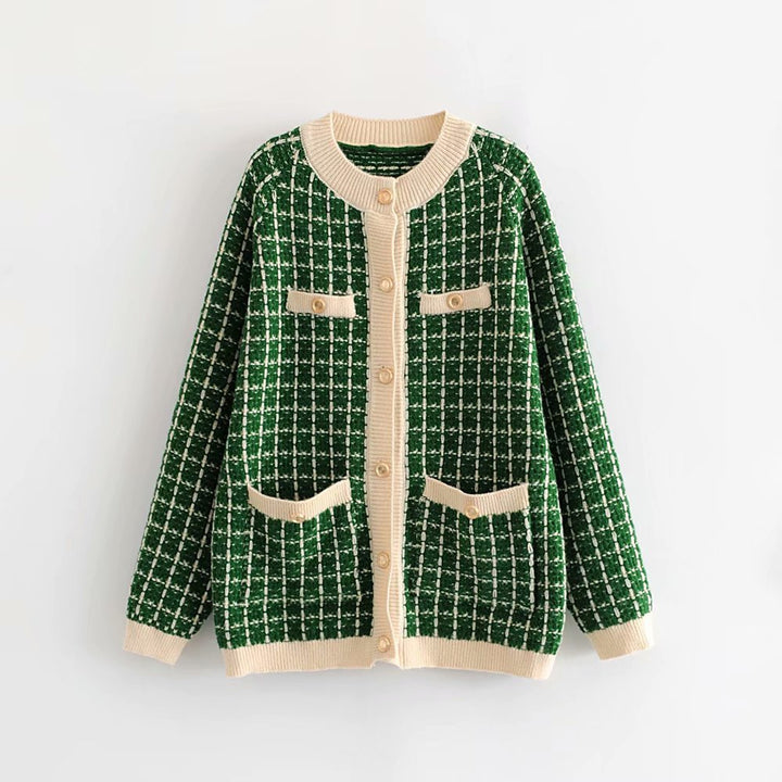 Kvinnors kofta med elegant rutmönster och dekorativa knappar Mirla-Eva Jonsson