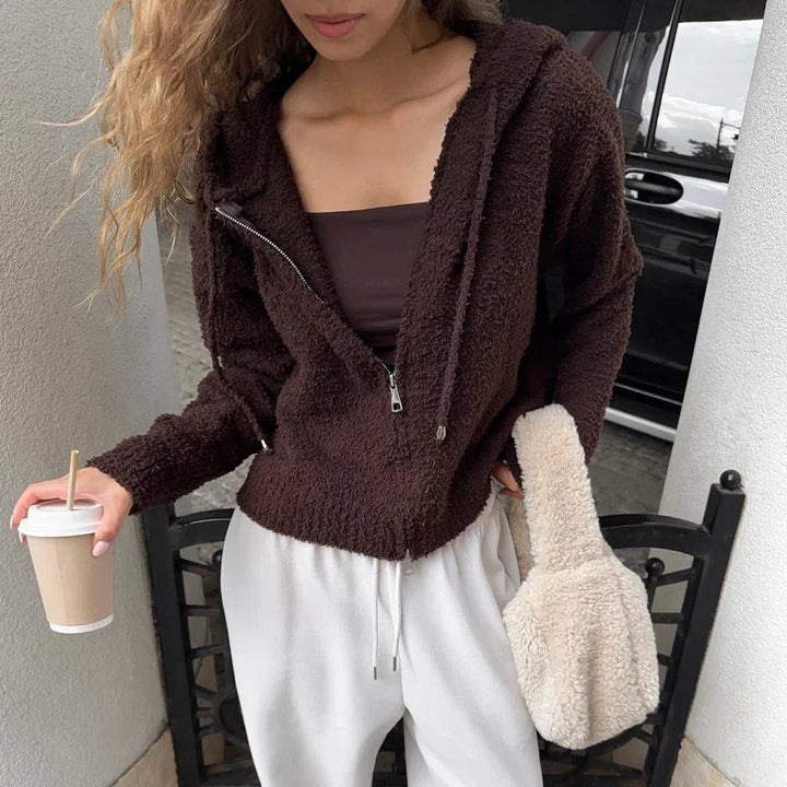 Kvinnors kort fleece-pullover med dragkedja och huva Mirla-Eva Jonsson