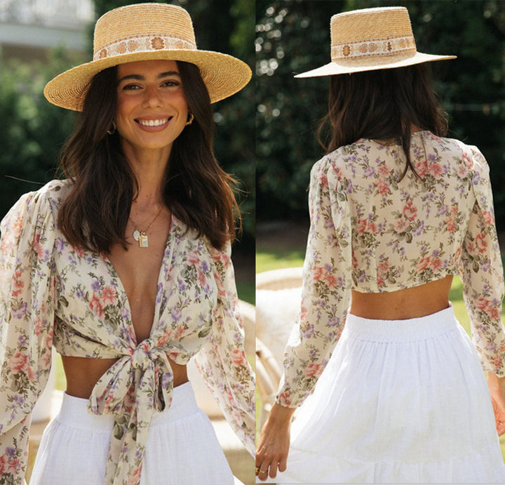 Kvinnors korta crop top med blommönster och knytbälte Mirla-Eva Jonsson