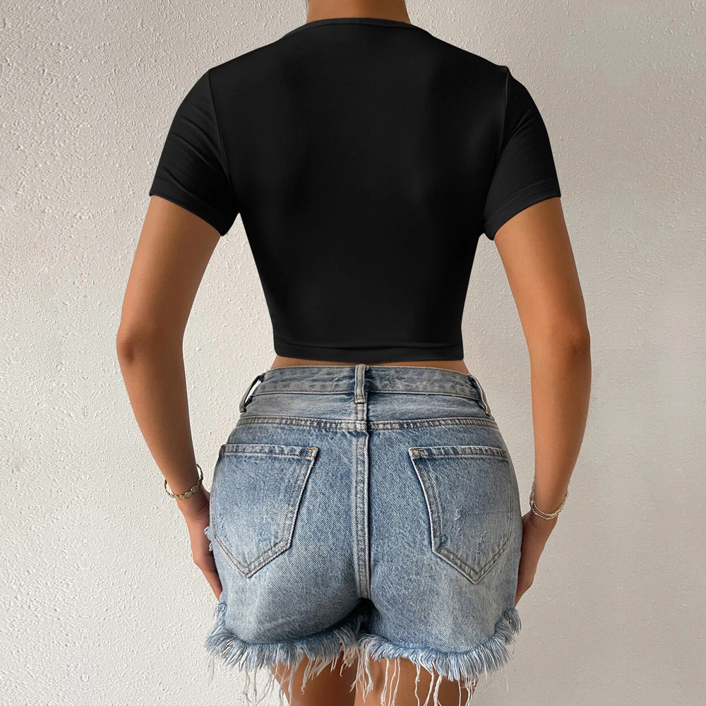 Kvinnors kortärmad V-hals T-shirt med inlindningsdesign Mirla-Eva Jonsson