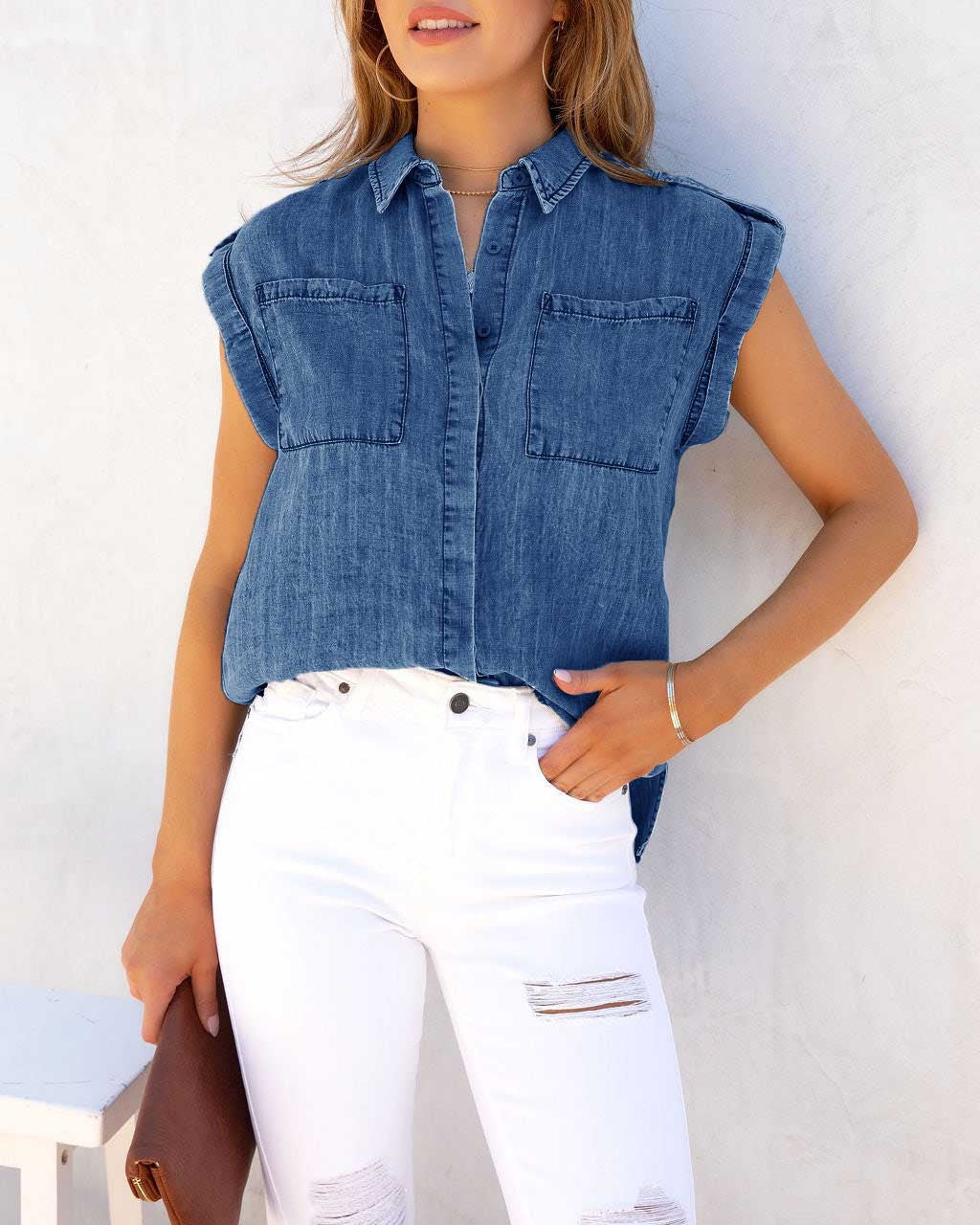 Kvinnors kortärmad skjorta blus i denimlook med bröstfickor Mirla-Eva Jonsson