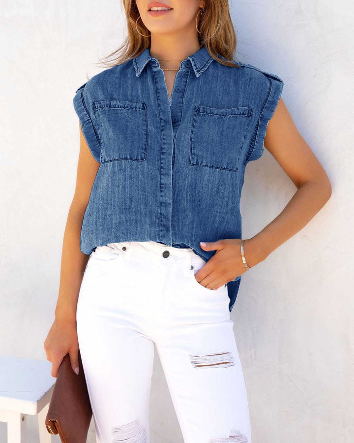 Kvinnors kortärmad skjorta blus i denimlook med bröstfickor Mirla-Eva Jonsson