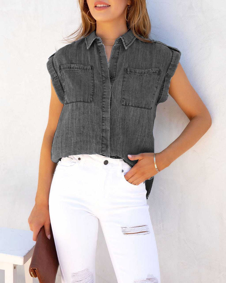 Kvinnors kortärmad skjorta blus i denimlook med bröstfickor Mirla-Eva Jonsson