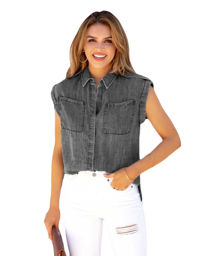 Kvinnors kortärmad skjorta blus i denimlook med bröstfickor Mirla-Eva Jonsson