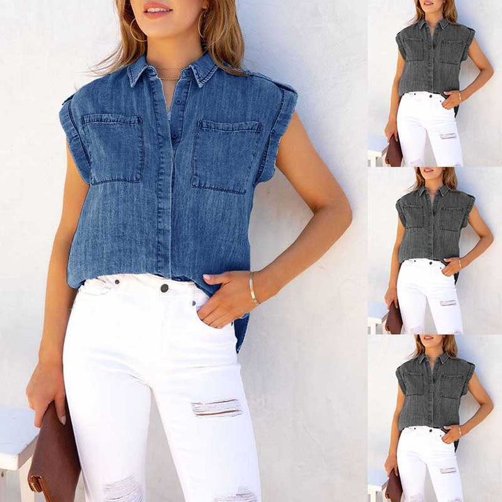 Kvinnors kortärmad skjorta blus i denimlook med bröstfickor Mirla-Eva Jonsson