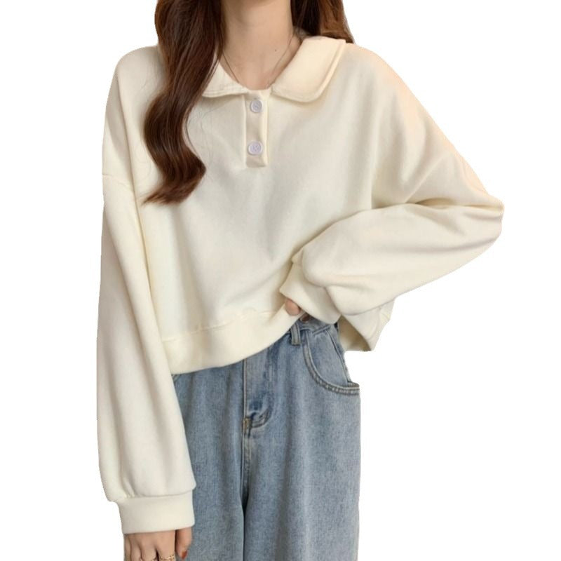 Kvinnors kortärmad sweatshirt med moderiktig krage och dekorativa knappar-Eva Jonsson