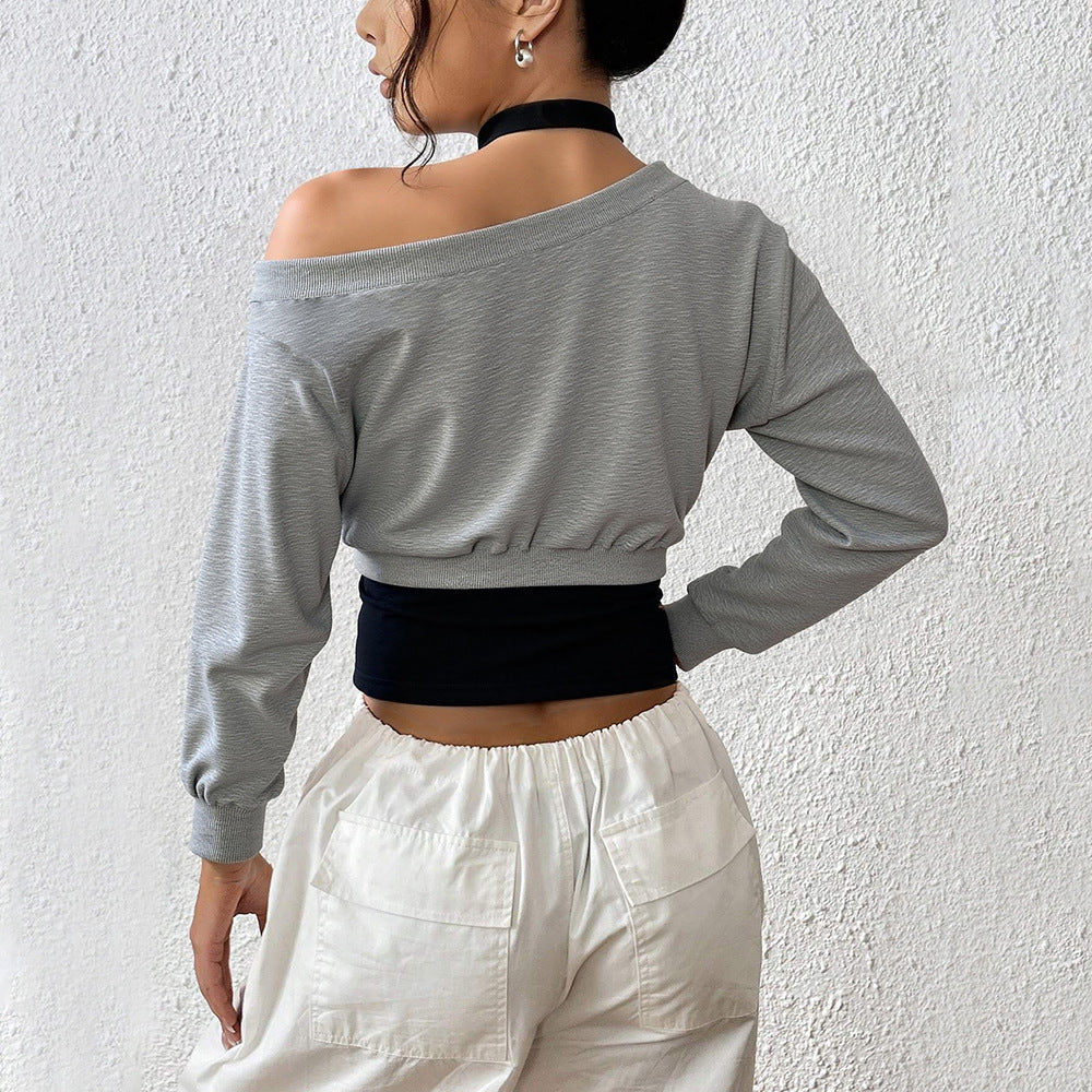 Kvinnors kortärmad sweatshirt med öppen axel och elastisk midja Mirla-Eva Jonsson