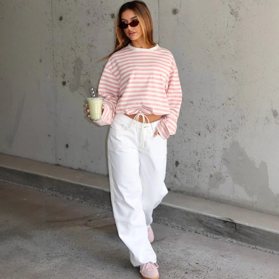 Kvinnors kortärmad sweatshirt med ränder och elastisk midja Mirla-Eva Jonsson