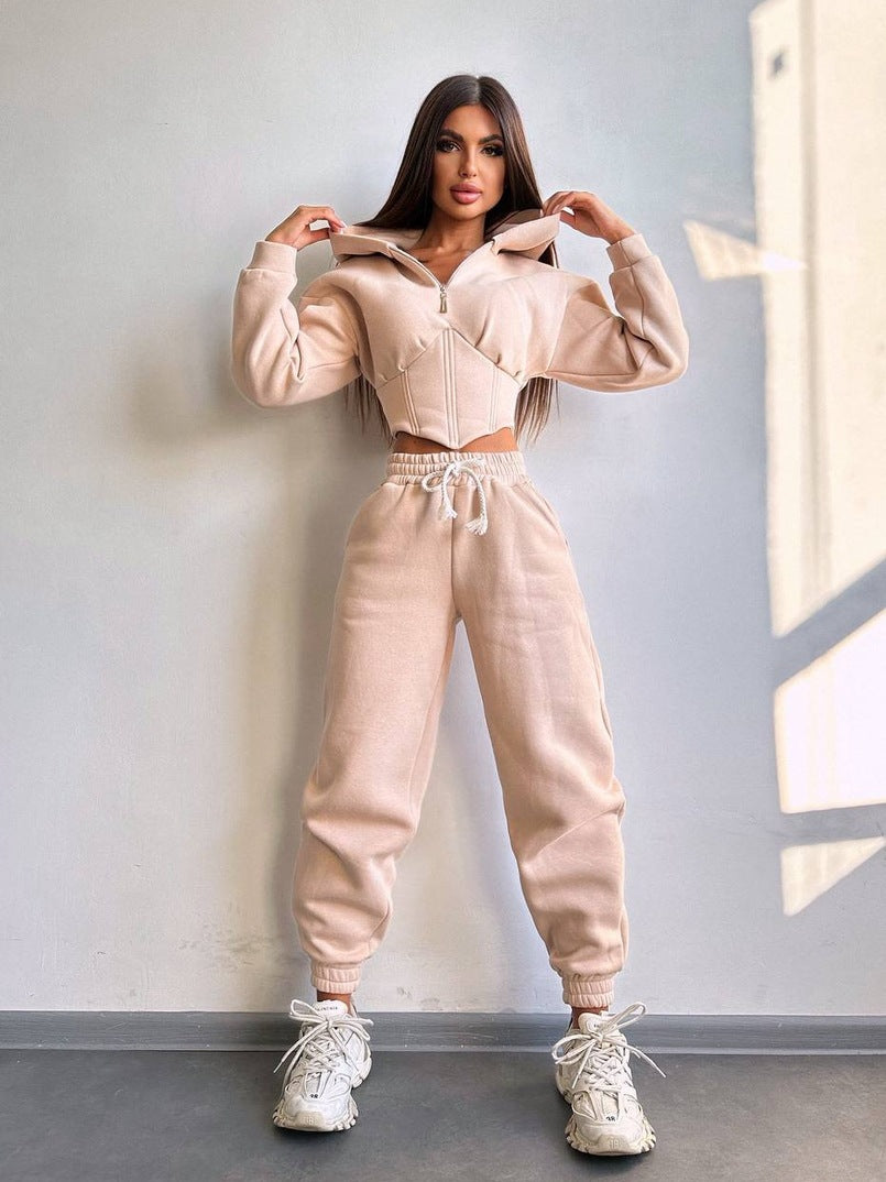 Kvinnors kortärmad sweatshirt-set med hög krage och justerbart midjeband Mirla-Eva Jonsson