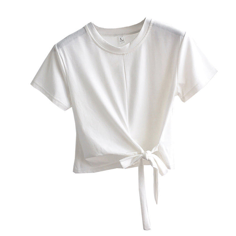 Kvinnors kortärmad t-shirt med sidoknut och avslappnad passform-Eva Jonsson