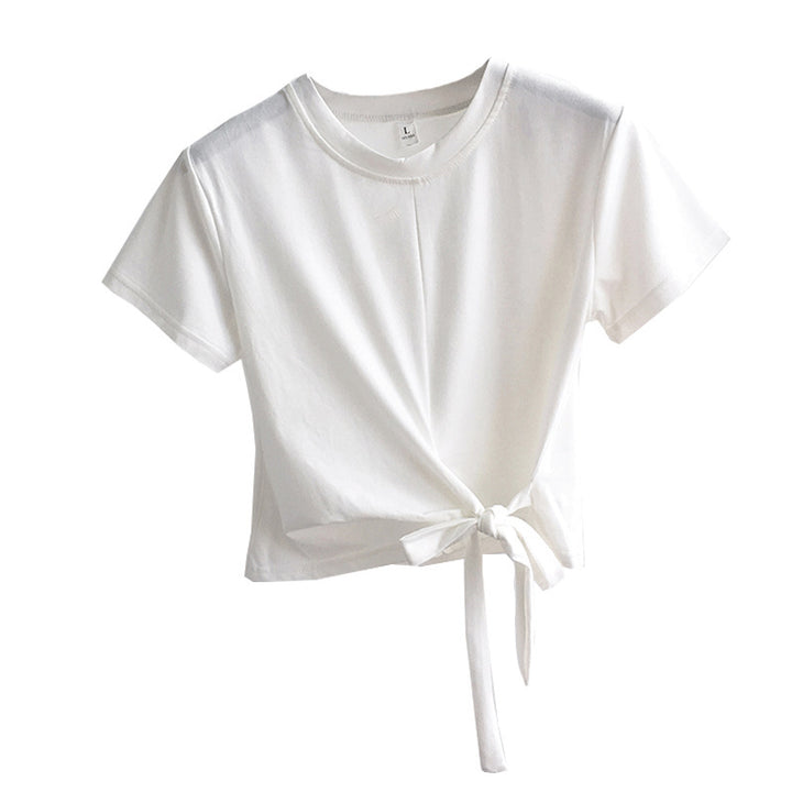 Kvinnors kortärmad t-shirt med sidoknut och avslappnad passform-Eva Jonsson
