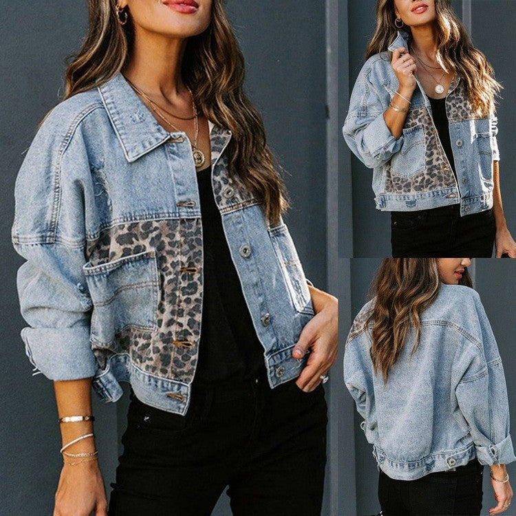 Kvinnors kortklippt denimjacka med leopardmönster Mirla-Eva Jonsson