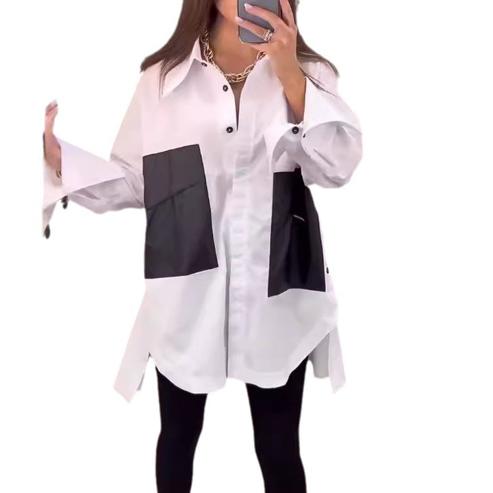 Kvinnors lång blus med stiliga kontrastfickor Mirla-Eva Jonsson