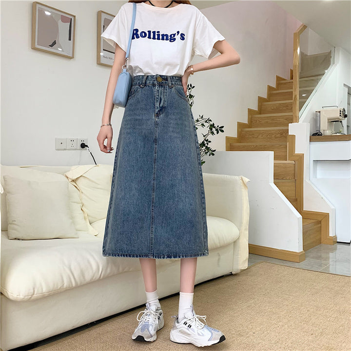Kvinnors lång denimkjol med hög skärning och dekorativa sömmar Mirla-Eva Jonsson
