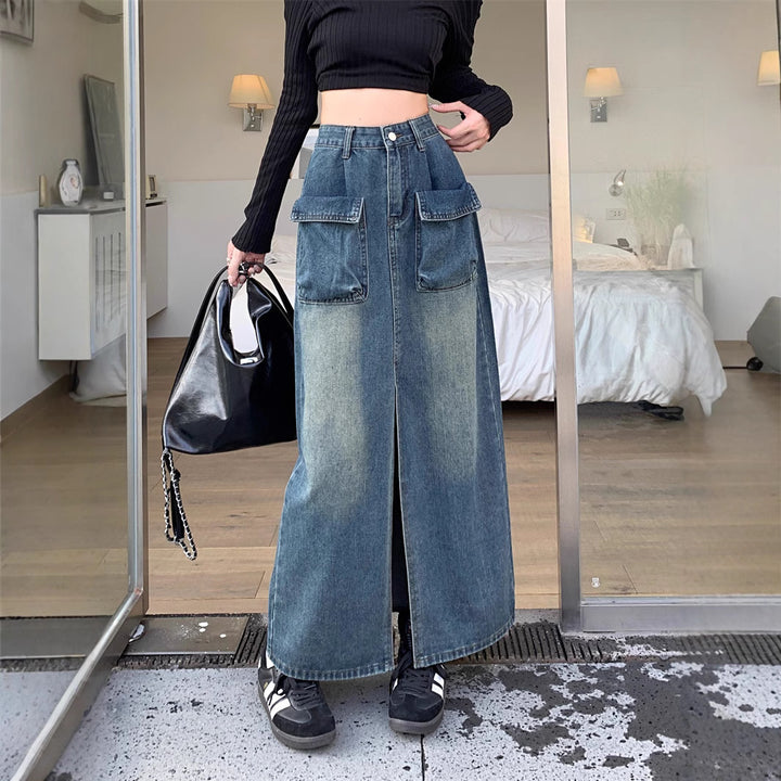 Kvinnors lång denimkjol med rymliga fickor Mirla-Eva Jonsson
