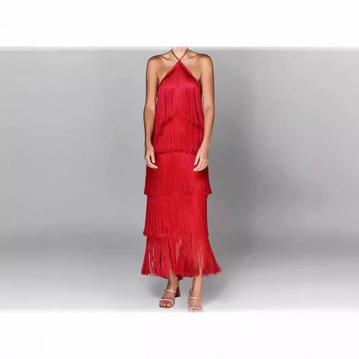 Kvinnors lång frans maxi klänning med justerbara remmar och elegant drapering design-Eva Jonsson