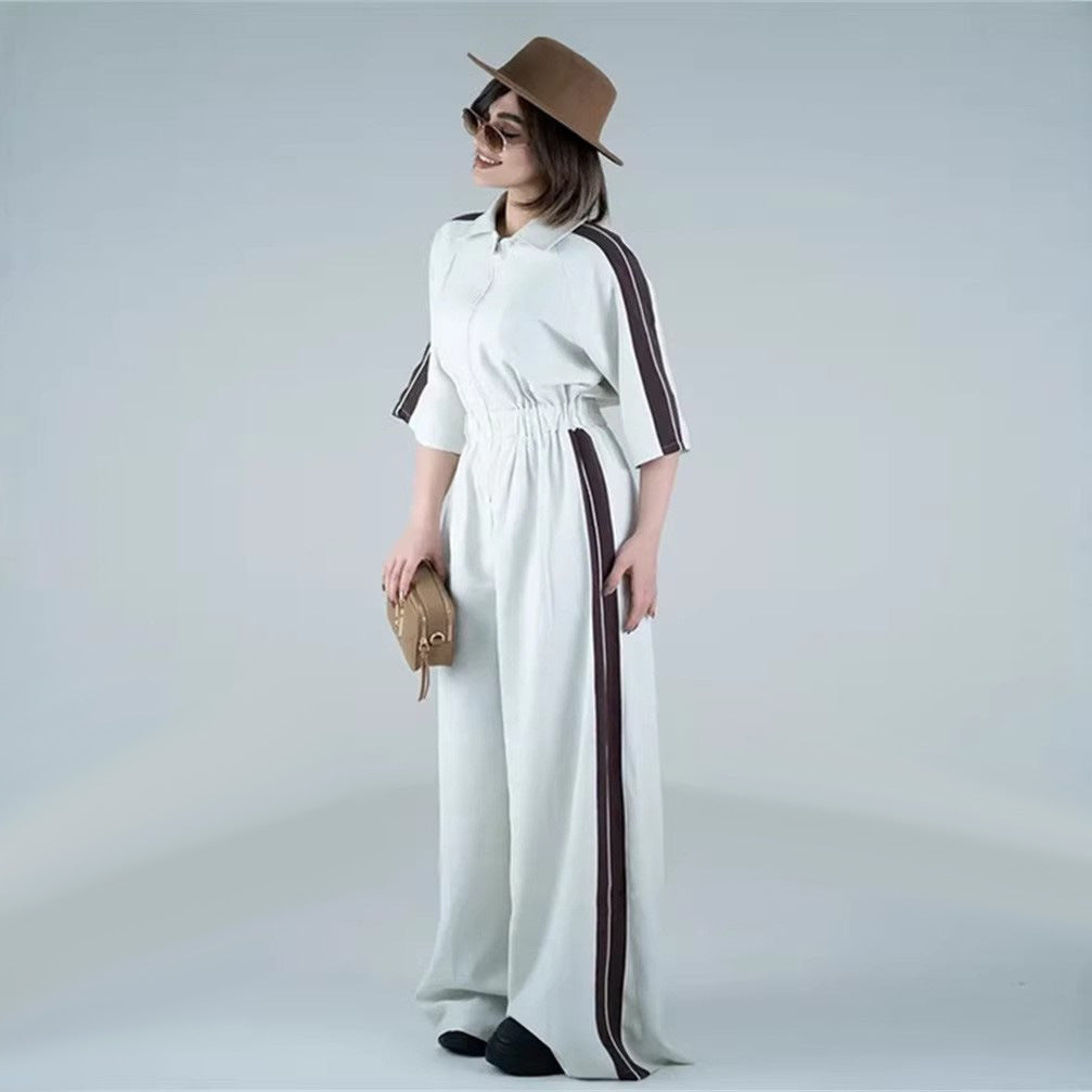 Kvinnors lång jumpsuit med midjeband och kontraststripes-Eva Jonsson