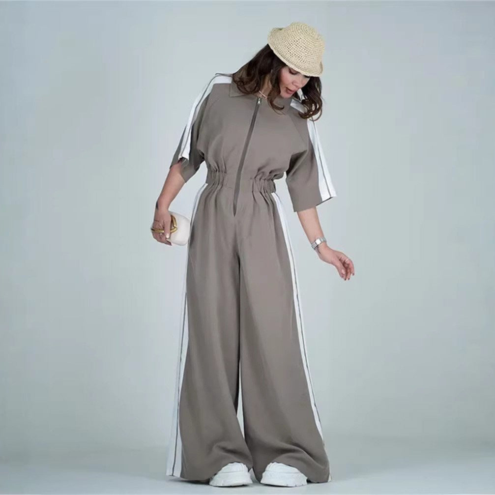 Kvinnors lång jumpsuit med midjeband och kontraststripes-Eva Jonsson