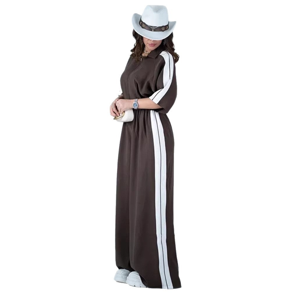 Kvinnors lång jumpsuit med midjeband och kontraststripes-Eva Jonsson