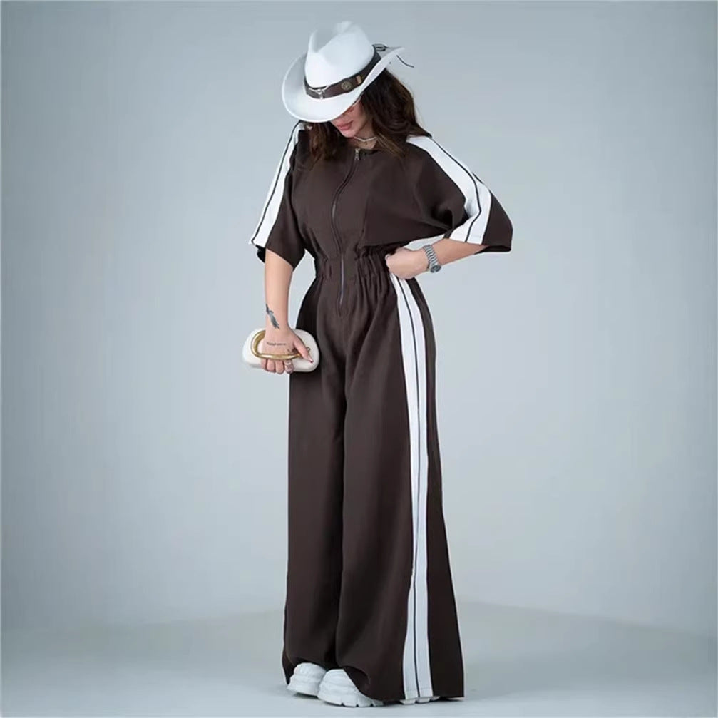 Kvinnors lång jumpsuit med midjeband och kontraststripes-Eva Jonsson