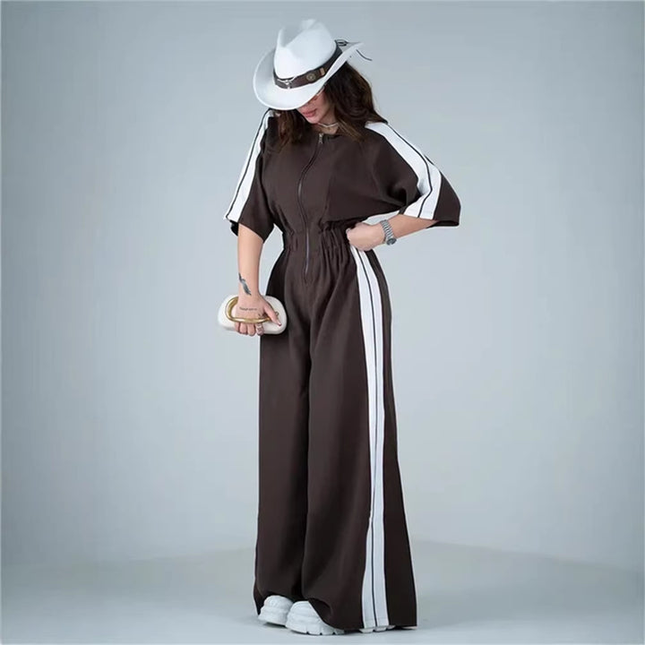 Kvinnors lång jumpsuit med midjeband och kontraststripes-Eva Jonsson