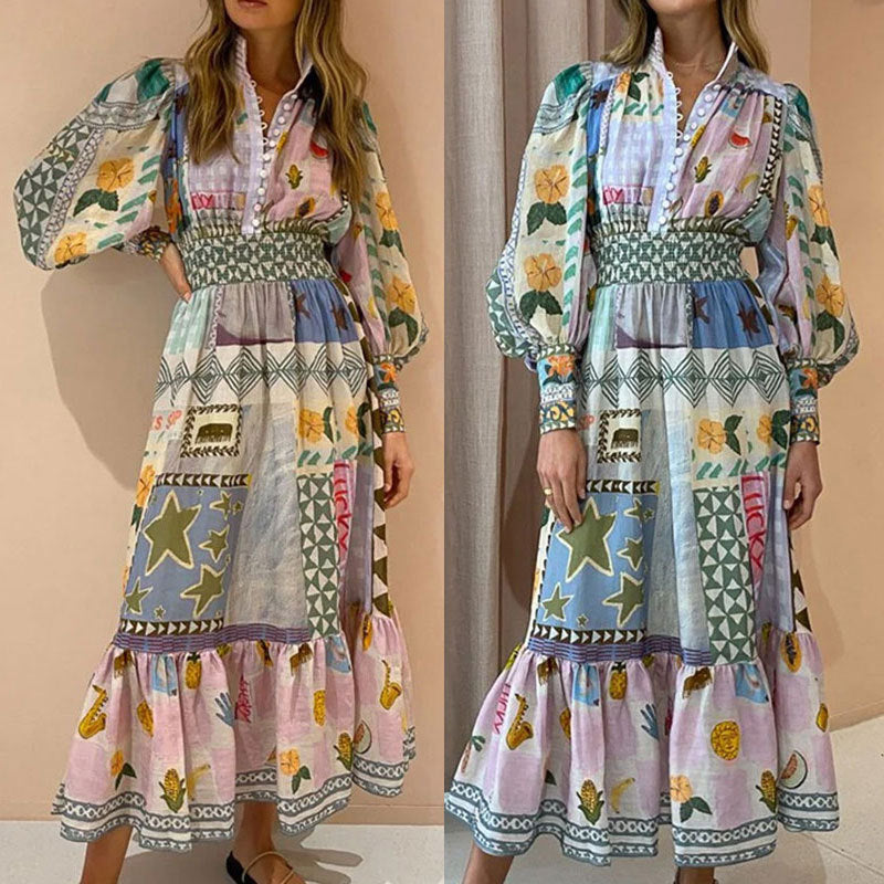 Kvinnors lång maxi klänning med färgglad patchwork mönster och voluminösa ärmar Mirla-Eva Jonsson