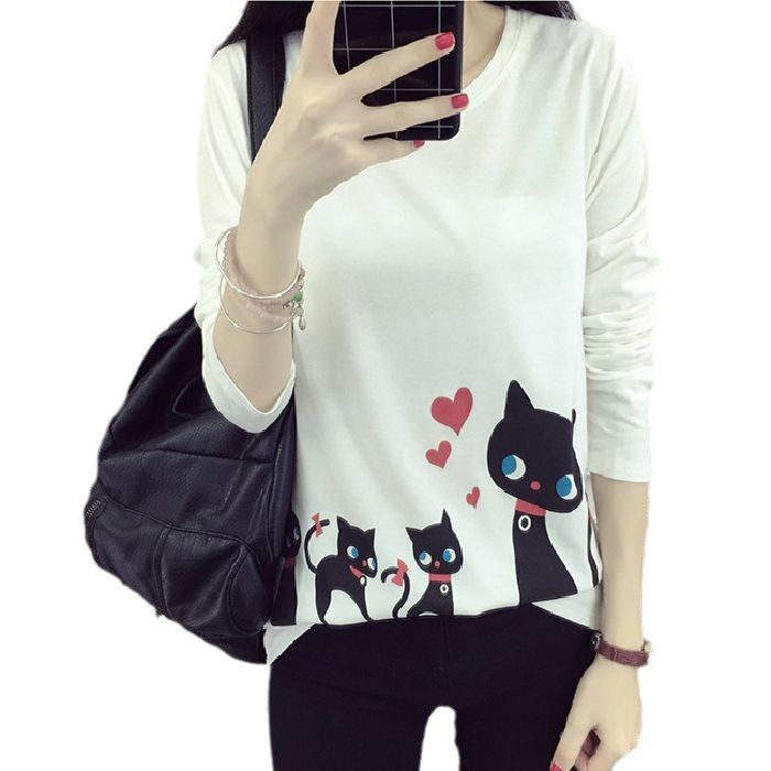 Kvinnors långärmad T-shirt med kreativ kattdesign Mirla-Eva Jonsson